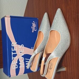 Trary Slingback Pointed Toe Pumps Shoes 3.2inch Slip On Rhinestone Glitter Heels